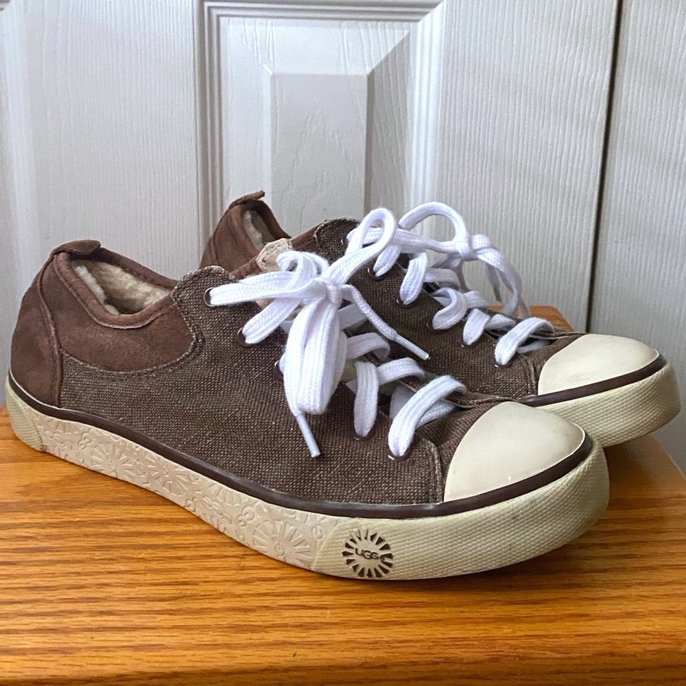 UGG Evera Brown Suede and Canvas Shearling Lined Sneakers SZ 8